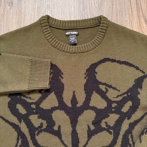 Hot Topic Mens Olive Green Graphic Knit Sweater Distressed Punk Goth Small